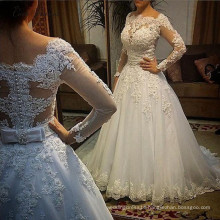 Sheer Full Sleeves A-line Wedding Dress Pearls Zipper Back Appliqued Lace with beadings Luxury Wedding Dress